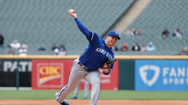 Apr 28, 2022; Chicago, Illinois, USA; Kansas City Royals starting pitcher Brad Keller (56) delivers against the Chicago White Sox during the first inning at Guaranteed Rate Field. Mandatory Credit: Kamil Krzaczynski-USA TODAY Sports